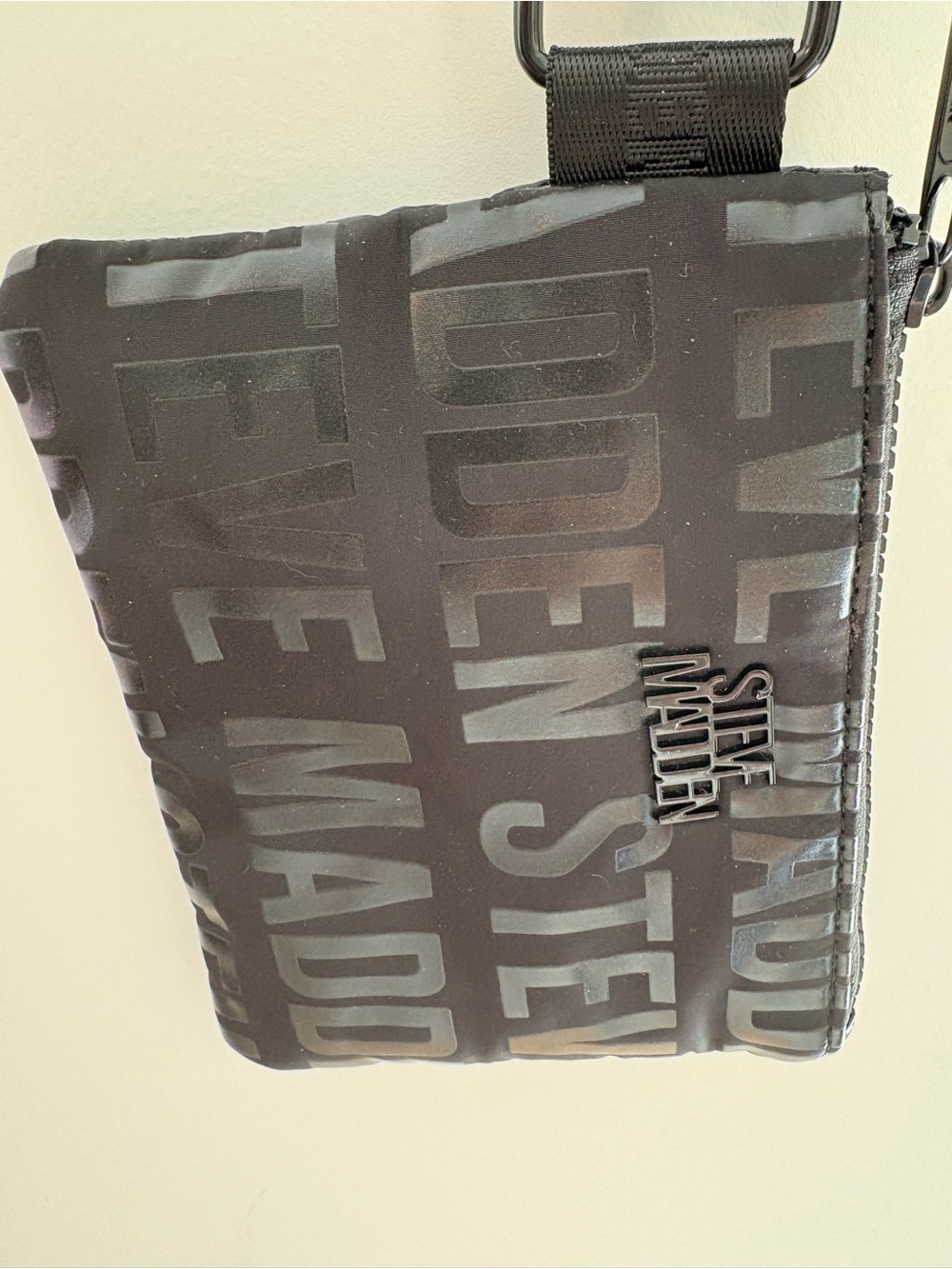 Steve Madden black monogram, mini bag zip top purse.